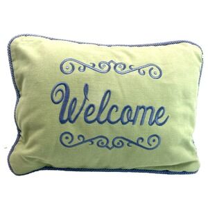 Vintage Handmade Welcome Throw Pillow Green‎ Blue 10 x 14"